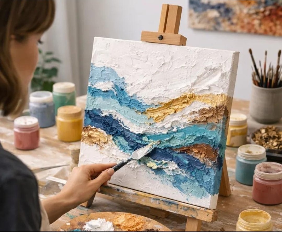 Making a textured blue and gold painting on canvas with a palette knife