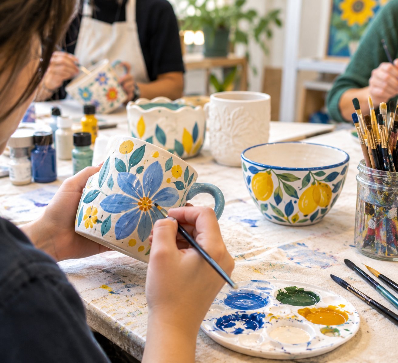 Hands painting a floral ceramic mug, with hand-painted ceramic bowls on the table