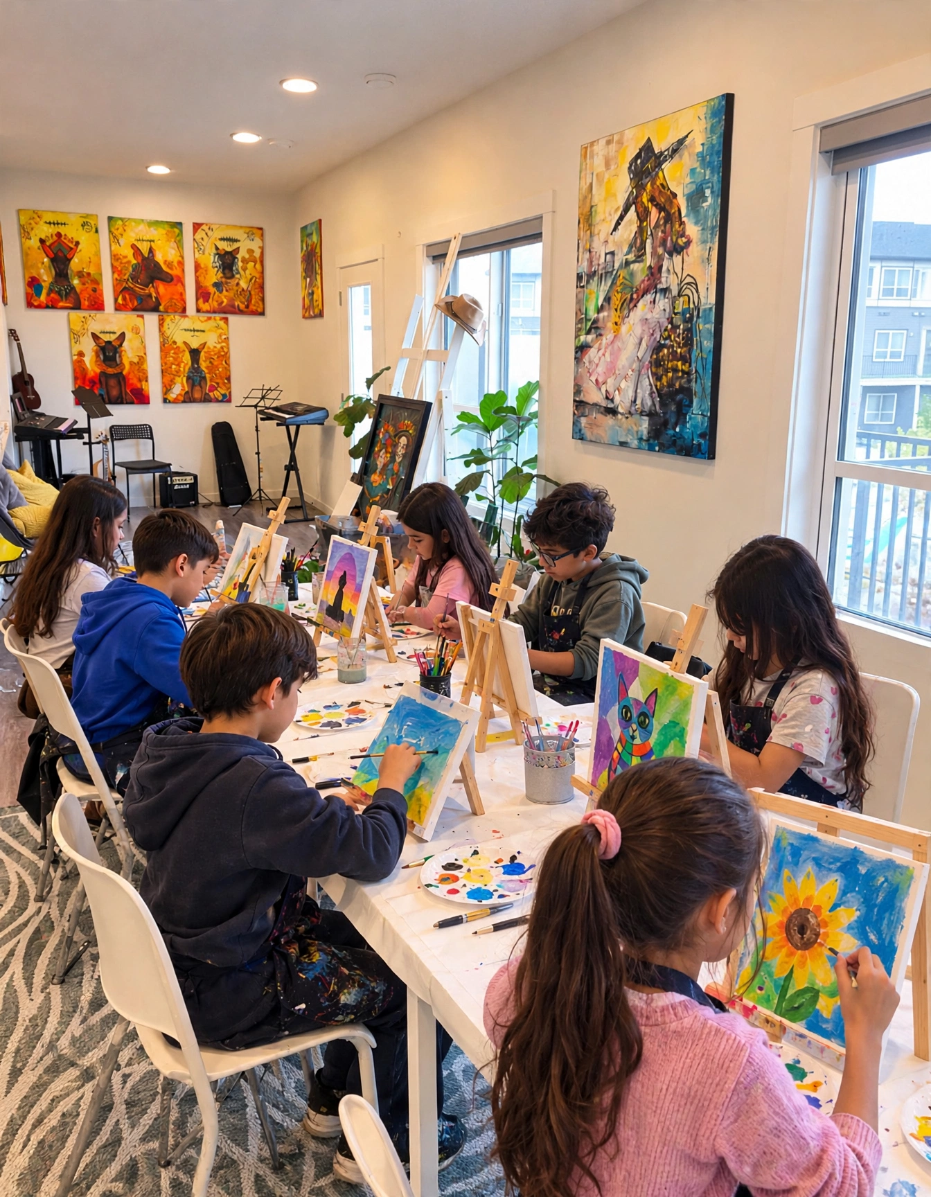 Children painting together at easels in the bright ArtMuse studio