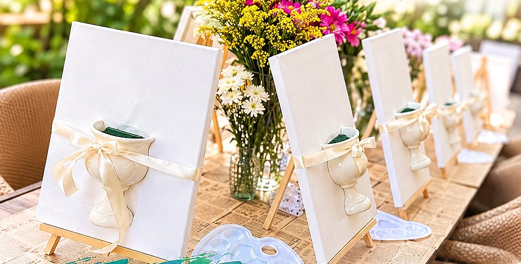 Canvases with ceramic vases tied with cream ribbons, set on easels with fresh flowers for the Ceramic Workshop on Canvas